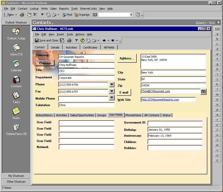 Contact screen with User Defined Fields